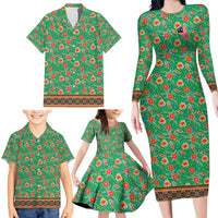Traditional Malaysian Batik Floral Family Matching Long Sleeve Bodycon Dress and Hawaiian Shirt with Green Tulip and Red Blossom Pattern