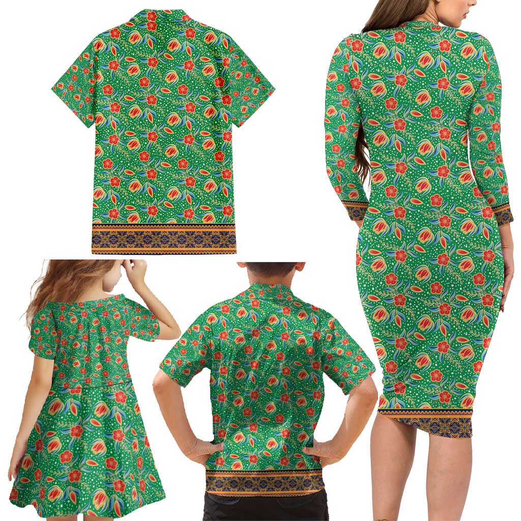 Traditional Malaysian Batik Floral Family Matching Long Sleeve Bodycon Dress and Hawaiian Shirt with Green Tulip and Red Blossom Pattern