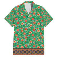 Traditional Malaysian Batik Floral Family Matching Long Sleeve Bodycon Dress and Hawaiian Shirt with Green Tulip and Red Blossom Pattern