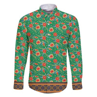 Traditional Malaysian Batik Floral Family Matching Long Sleeve Bodycon Dress and Hawaiian Shirt with Green Tulip and Red Blossom Pattern