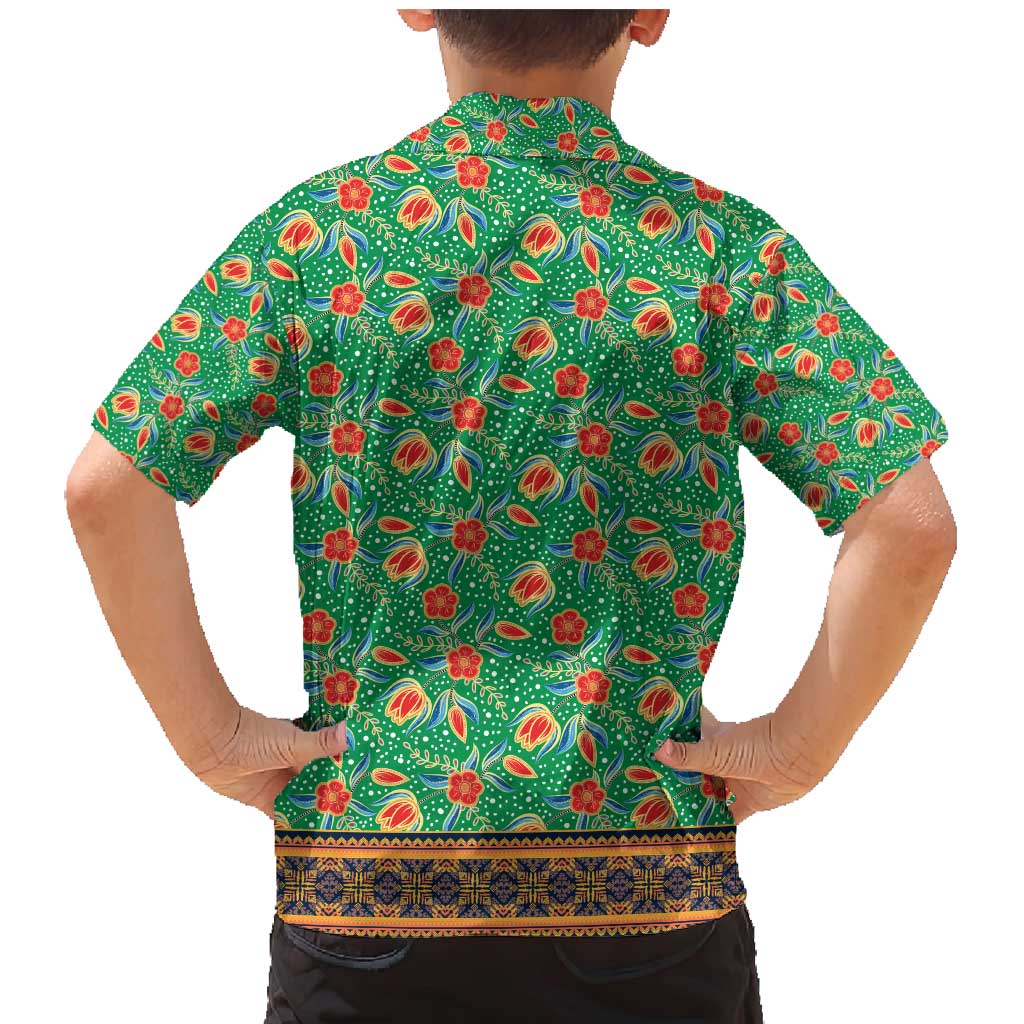 Traditional Malaysian Batik Floral Family Matching Mermaid Dress and Hawaiian Shirt with Green Tulip and Red Blossom Pattern