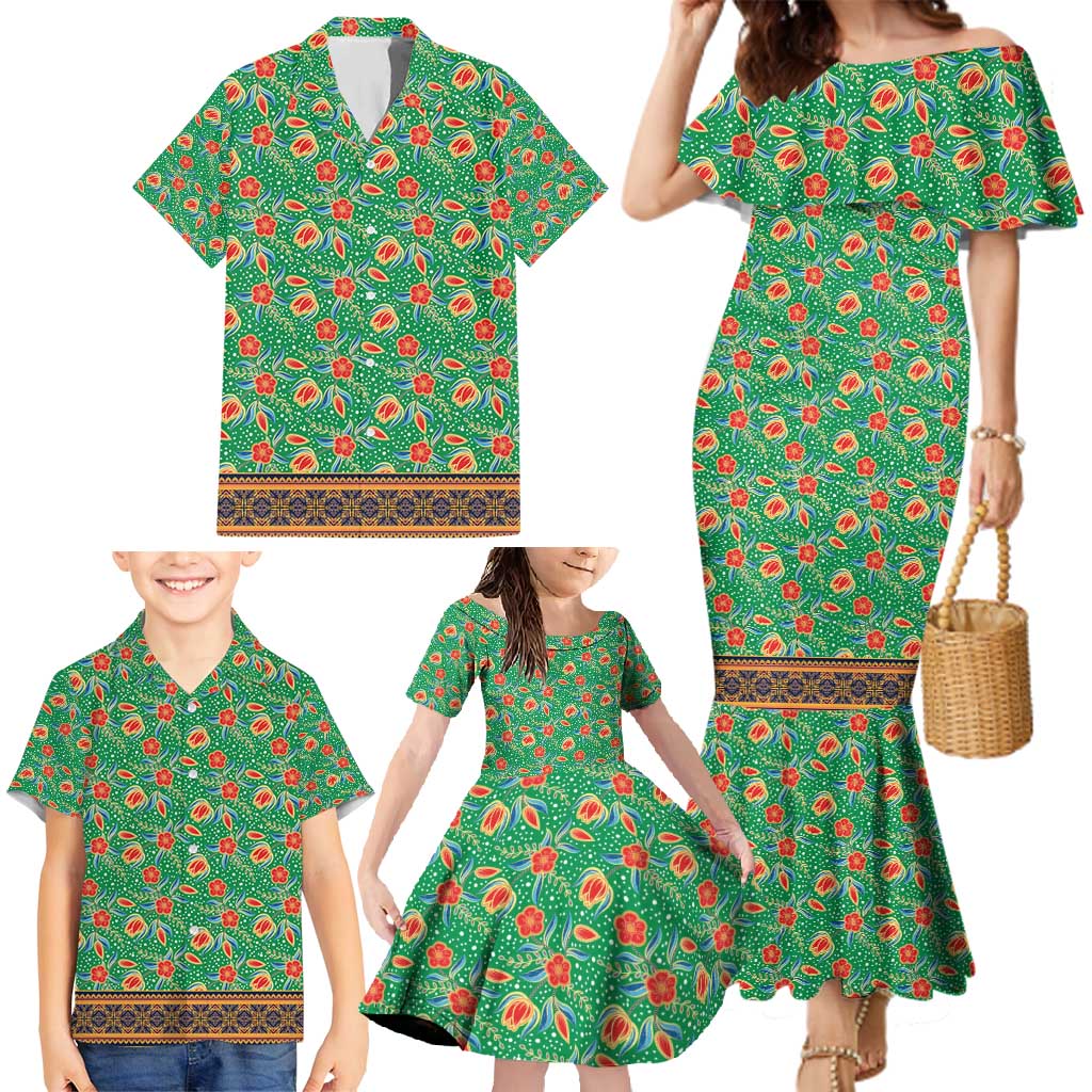 Traditional Malaysian Batik Floral Family Matching Mermaid Dress and Hawaiian Shirt with Green Tulip and Red Blossom Pattern