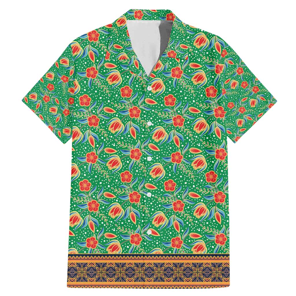 Traditional Malaysian Batik Floral Family Matching Mermaid Dress and Hawaiian Shirt with Green Tulip and Red Blossom Pattern