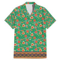 Traditional Malaysian Batik Floral Family Matching Mermaid Dress and Hawaiian Shirt with Green Tulip and Red Blossom Pattern