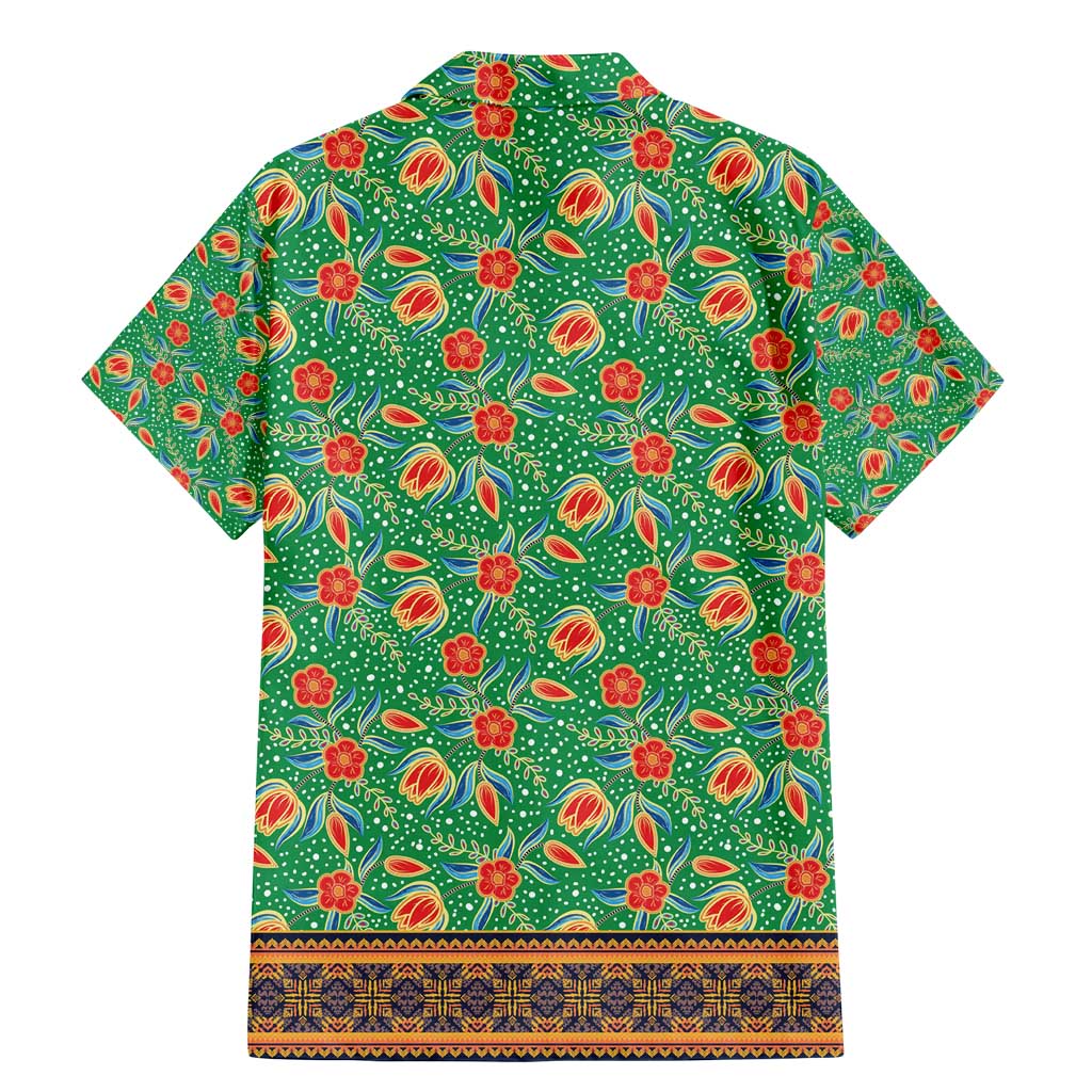 Traditional Malaysian Batik Floral Family Matching Mermaid Dress and Hawaiian Shirt with Green Tulip and Red Blossom Pattern