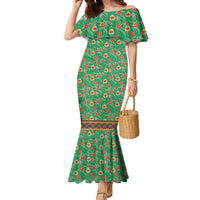 Traditional Malaysian Batik Floral Family Matching Mermaid Dress and Hawaiian Shirt with Green Tulip and Red Blossom Pattern