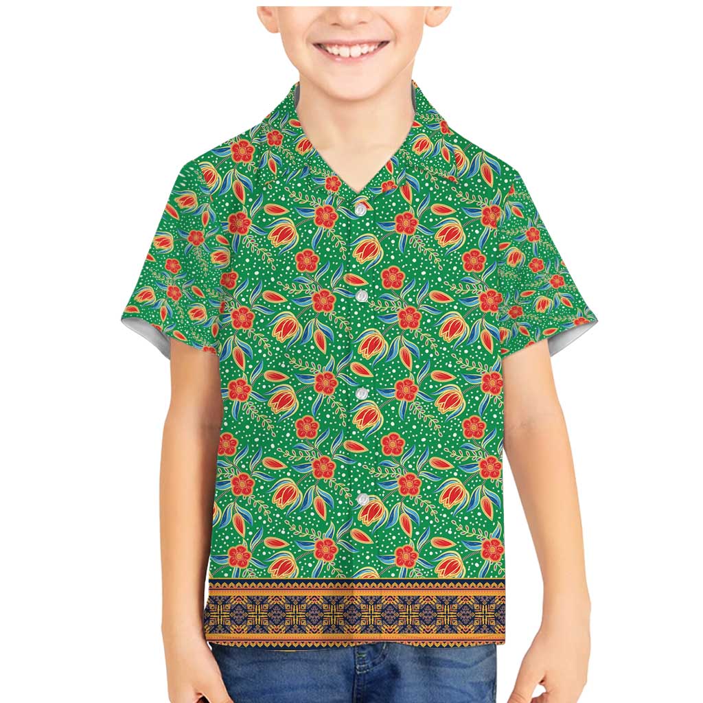 Traditional Malaysian Batik Floral Family Matching Mermaid Dress and Hawaiian Shirt with Green Tulip and Red Blossom Pattern