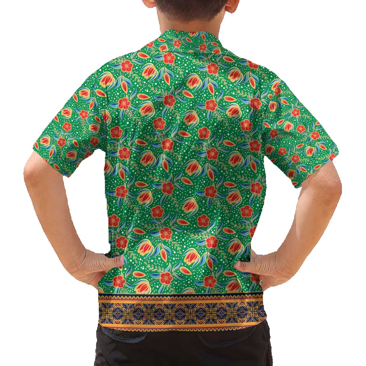 Traditional Malaysian Batik Floral Family Matching Off The Shoulder Long Sleeve Dress and Hawaiian Shirt with Green Tulip and Red Blossom Pattern