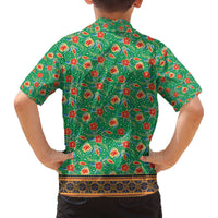 Traditional Malaysian Batik Floral Family Matching Off The Shoulder Long Sleeve Dress and Hawaiian Shirt with Green Tulip and Red Blossom Pattern