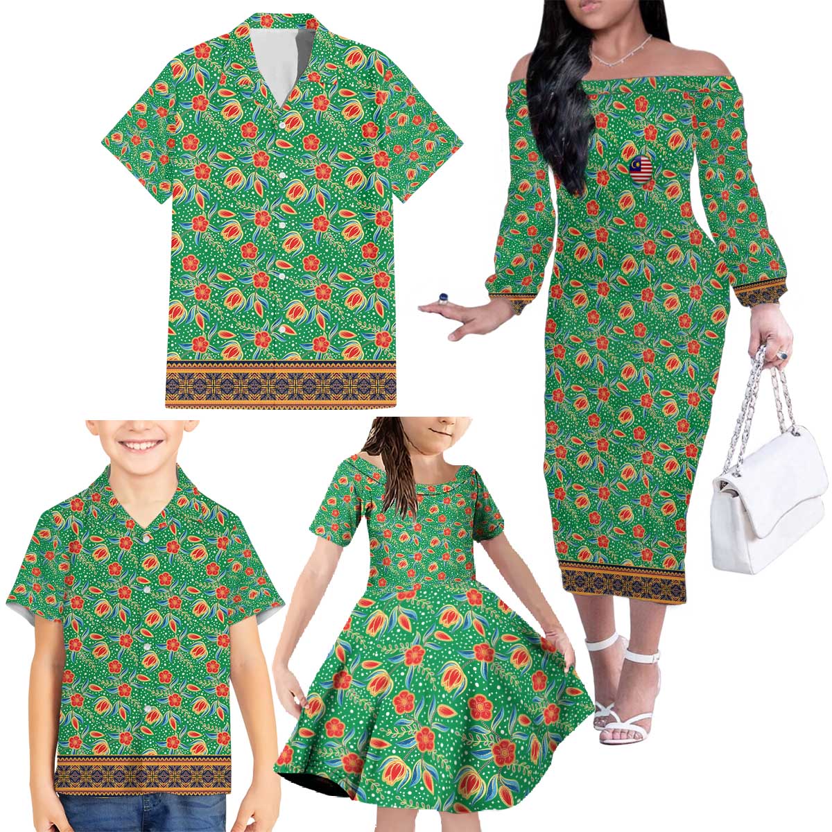 Traditional Malaysian Batik Floral Family Matching Off The Shoulder Long Sleeve Dress and Hawaiian Shirt with Green Tulip and Red Blossom Pattern