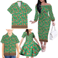 Traditional Malaysian Batik Floral Family Matching Off The Shoulder Long Sleeve Dress and Hawaiian Shirt with Green Tulip and Red Blossom Pattern