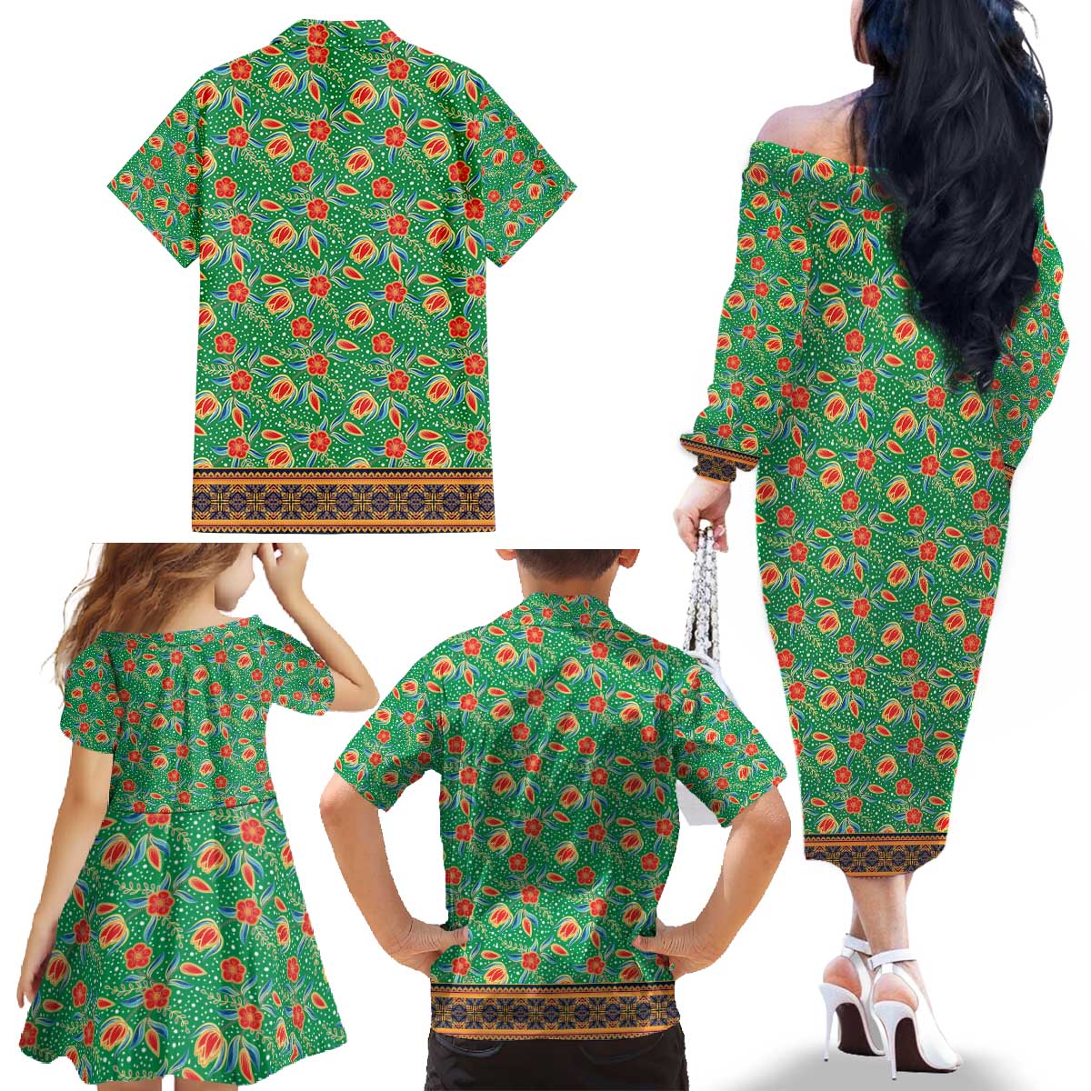 Traditional Malaysian Batik Floral Family Matching Off The Shoulder Long Sleeve Dress and Hawaiian Shirt with Green Tulip and Red Blossom Pattern