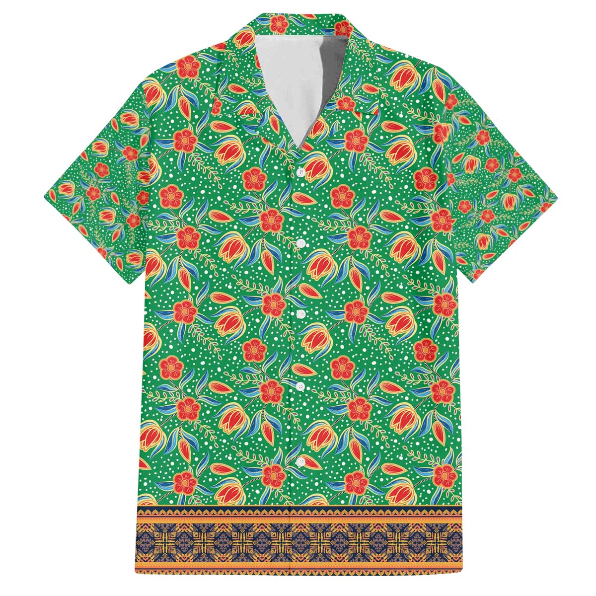 Traditional Malaysian Batik Floral Family Matching Off The Shoulder Long Sleeve Dress and Hawaiian Shirt with Green Tulip and Red Blossom Pattern