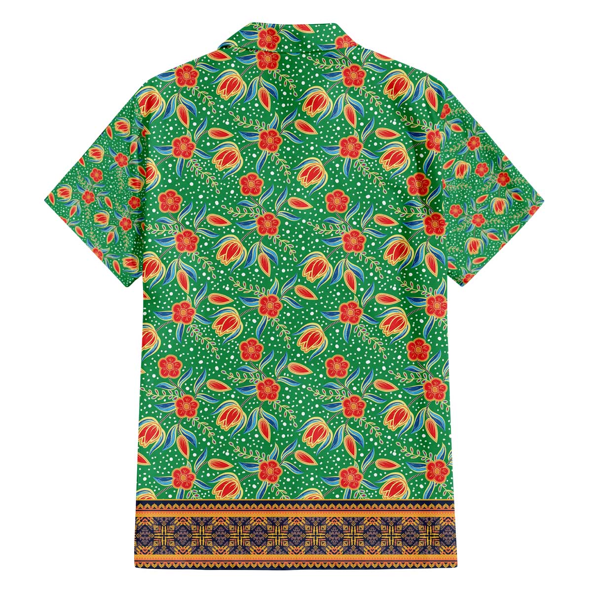 Traditional Malaysian Batik Floral Family Matching Off The Shoulder Long Sleeve Dress and Hawaiian Shirt with Green Tulip and Red Blossom Pattern