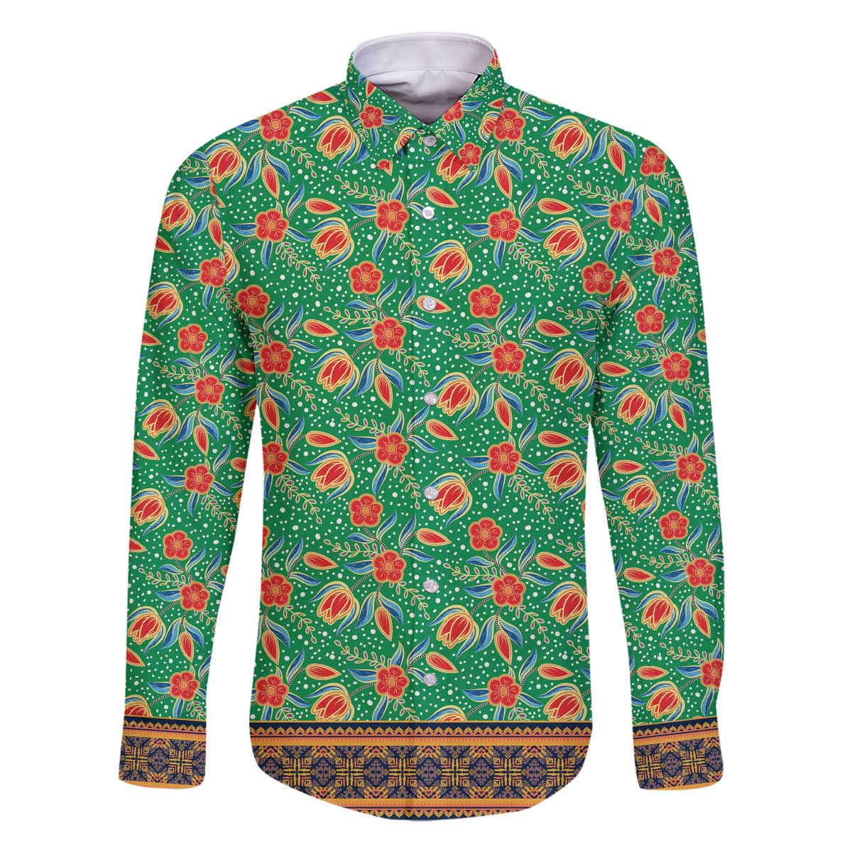 Traditional Malaysian Batik Floral Family Matching Off The Shoulder Long Sleeve Dress and Hawaiian Shirt with Green Tulip and Red Blossom Pattern
