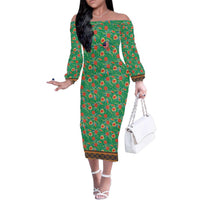 Traditional Malaysian Batik Floral Family Matching Off The Shoulder Long Sleeve Dress and Hawaiian Shirt with Green Tulip and Red Blossom Pattern