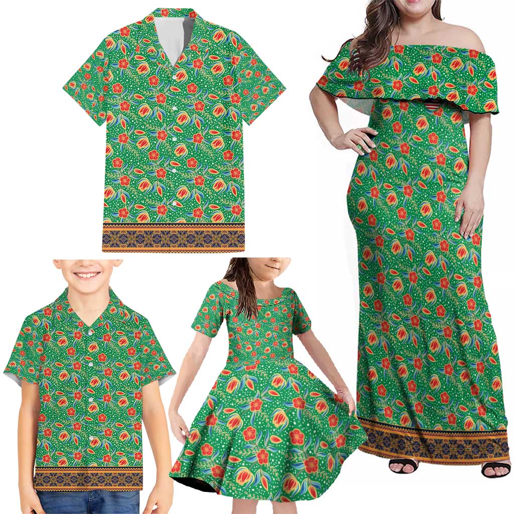 Traditional Malaysian Batik Floral Family Matching Off Shoulder Maxi Dress and Hawaiian Shirt with Green Tulip and Red Blossom Pattern