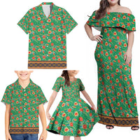 Traditional Malaysian Batik Floral Family Matching Off Shoulder Maxi Dress and Hawaiian Shirt with Green Tulip and Red Blossom Pattern