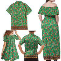 Traditional Malaysian Batik Floral Family Matching Off Shoulder Maxi Dress and Hawaiian Shirt with Green Tulip and Red Blossom Pattern