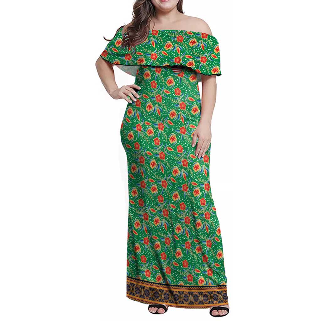 Traditional Malaysian Batik Floral Family Matching Off Shoulder Maxi Dress and Hawaiian Shirt with Green Tulip and Red Blossom Pattern