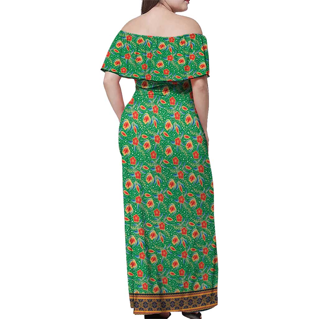 Traditional Malaysian Batik Floral Family Matching Off Shoulder Maxi Dress and Hawaiian Shirt with Green Tulip and Red Blossom Pattern