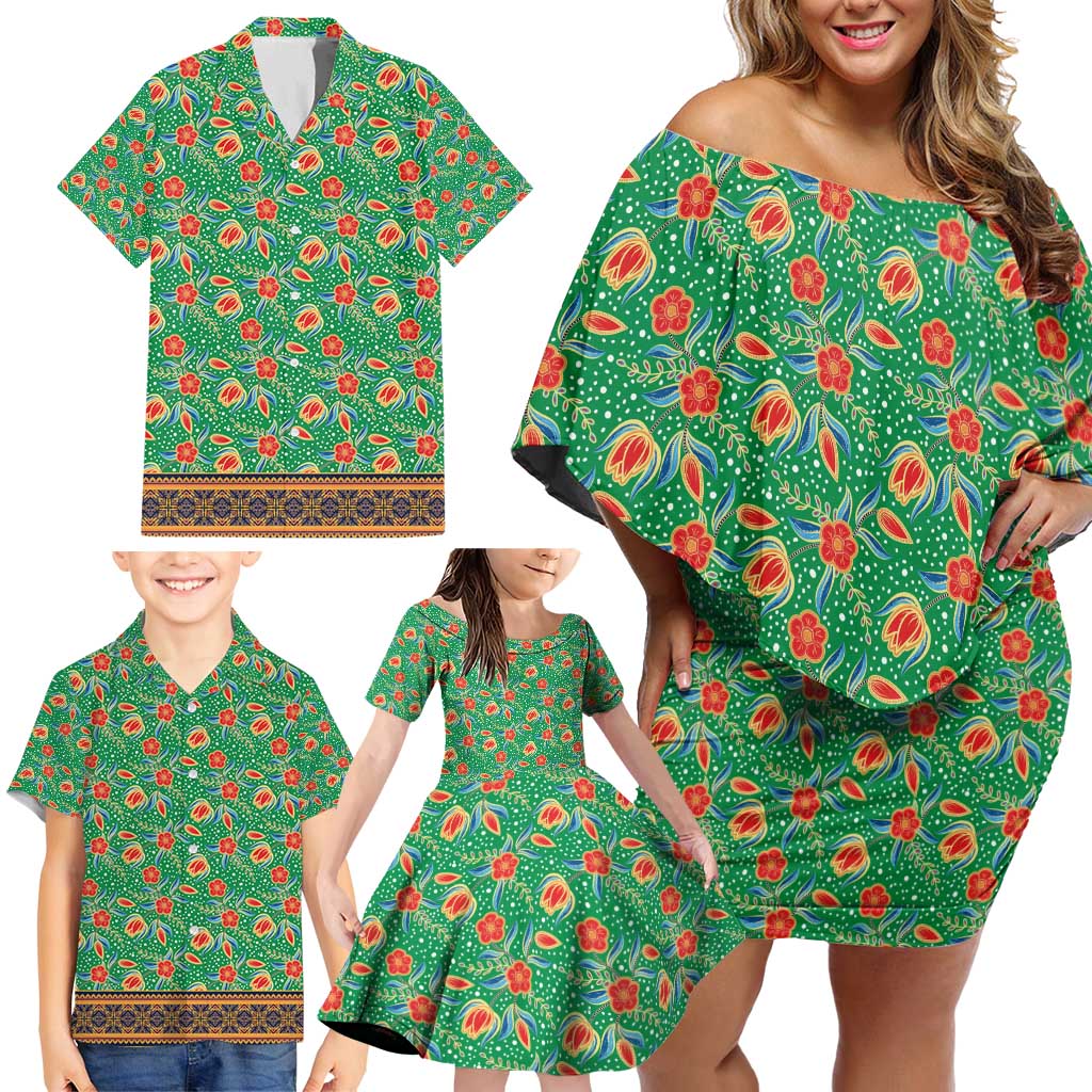 Traditional Malaysian Batik Floral Family Matching Off Shoulder Short Dress and Hawaiian Shirt with Green Tulip and Red Blossom Pattern