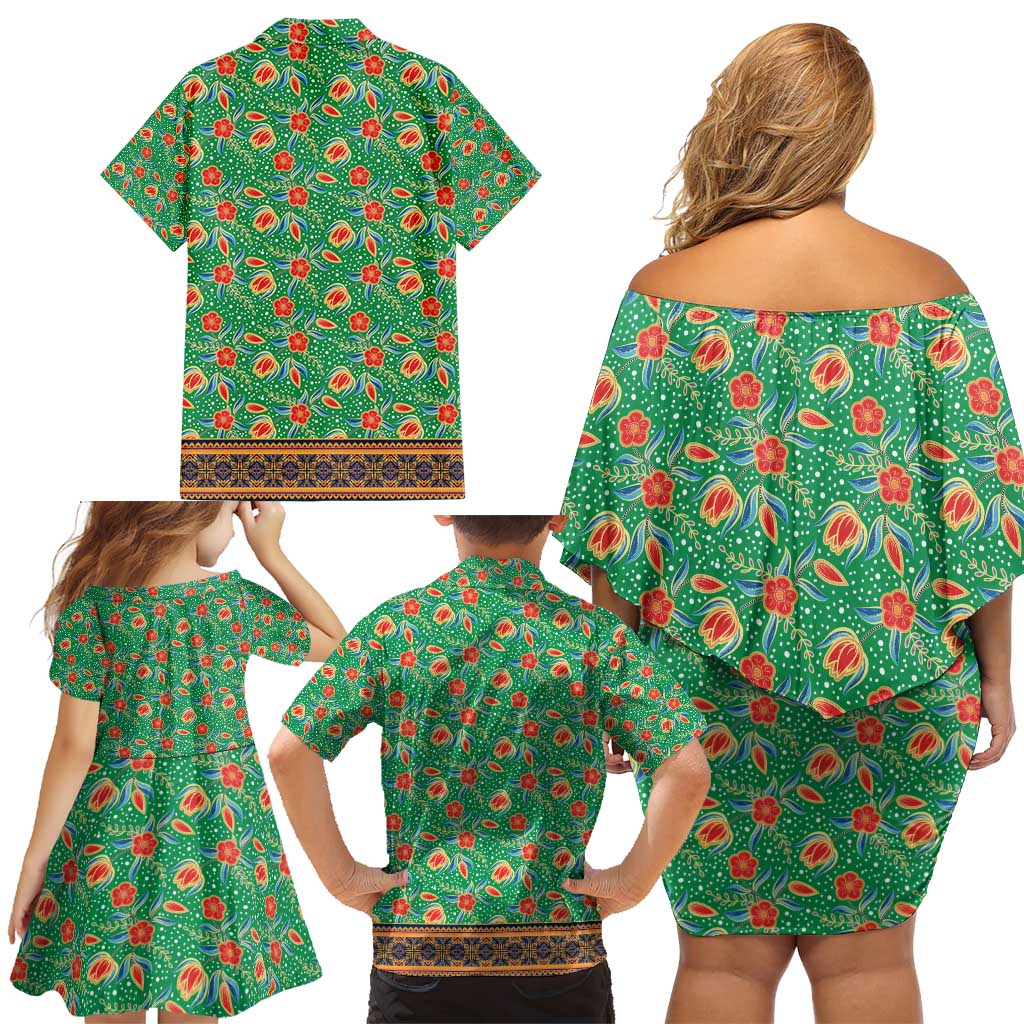 Traditional Malaysian Batik Floral Family Matching Off Shoulder Short Dress and Hawaiian Shirt with Green Tulip and Red Blossom Pattern