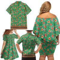Traditional Malaysian Batik Floral Family Matching Off Shoulder Short Dress and Hawaiian Shirt with Green Tulip and Red Blossom Pattern