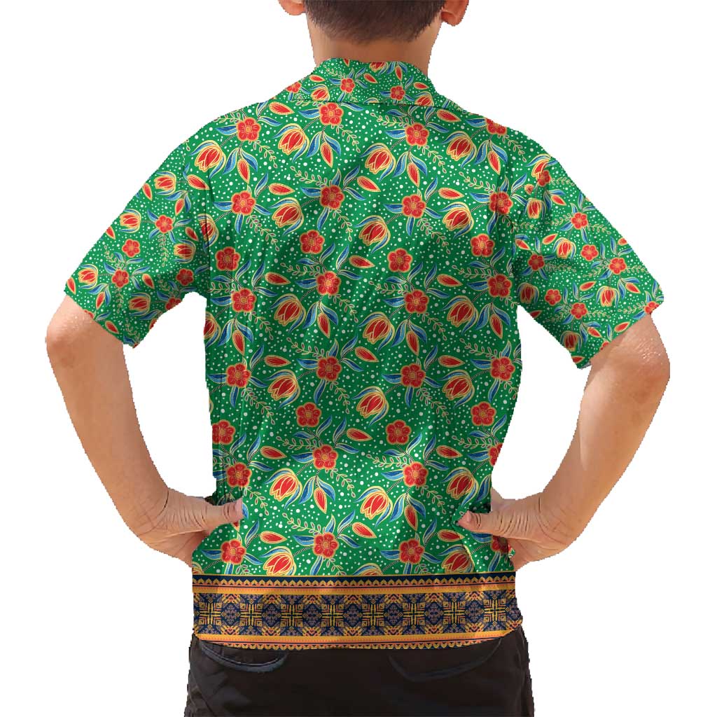 Traditional Malaysian Batik Floral Family Matching Puletasi and Hawaiian Shirt with Green Tulip and Red Blossom Pattern