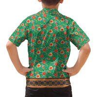 Traditional Malaysian Batik Floral Family Matching Puletasi and Hawaiian Shirt with Green Tulip and Red Blossom Pattern