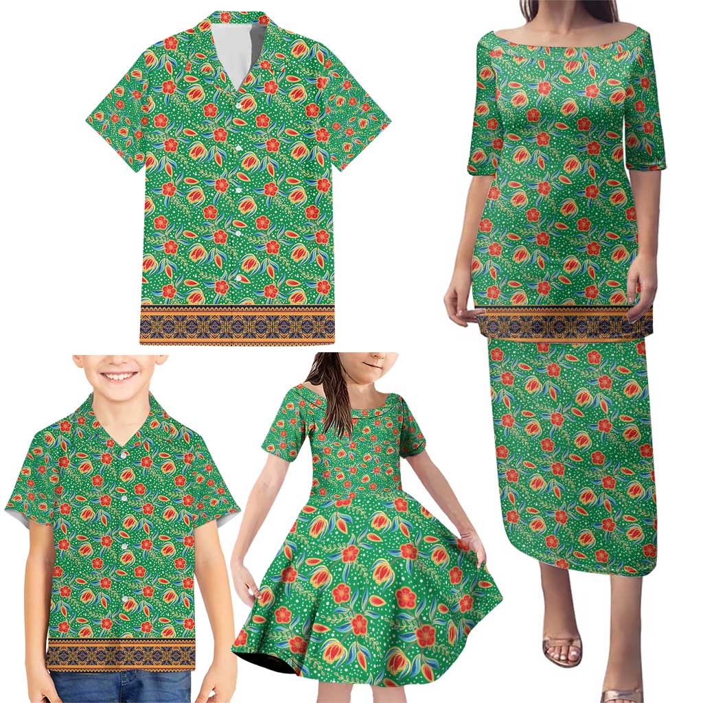 Traditional Malaysian Batik Floral Family Matching Puletasi and Hawaiian Shirt with Green Tulip and Red Blossom Pattern