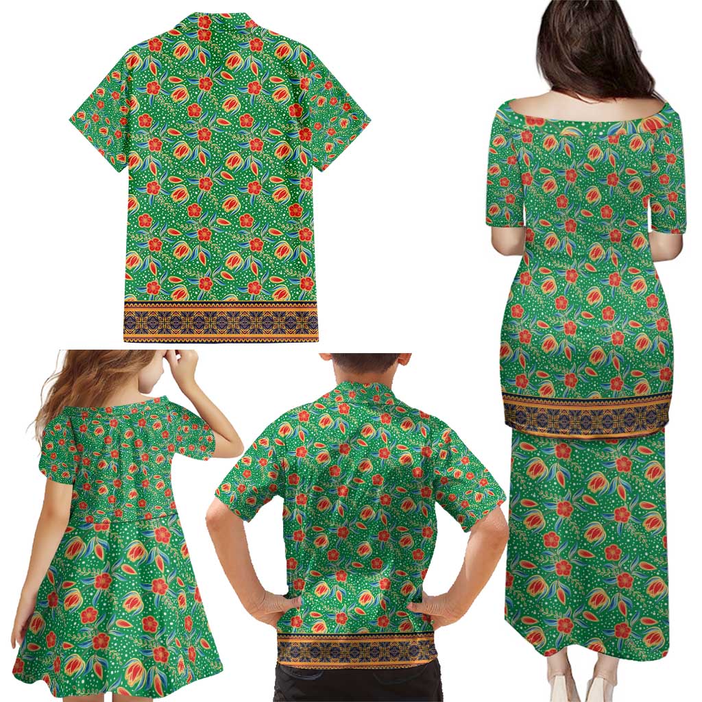 Traditional Malaysian Batik Floral Family Matching Puletasi and Hawaiian Shirt with Green Tulip and Red Blossom Pattern
