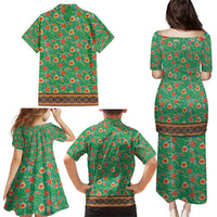 Traditional Malaysian Batik Floral Family Matching Puletasi and Hawaiian Shirt with Green Tulip and Red Blossom Pattern