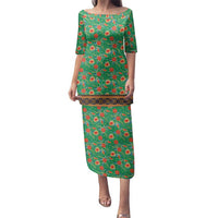 Traditional Malaysian Batik Floral Family Matching Puletasi and Hawaiian Shirt with Green Tulip and Red Blossom Pattern