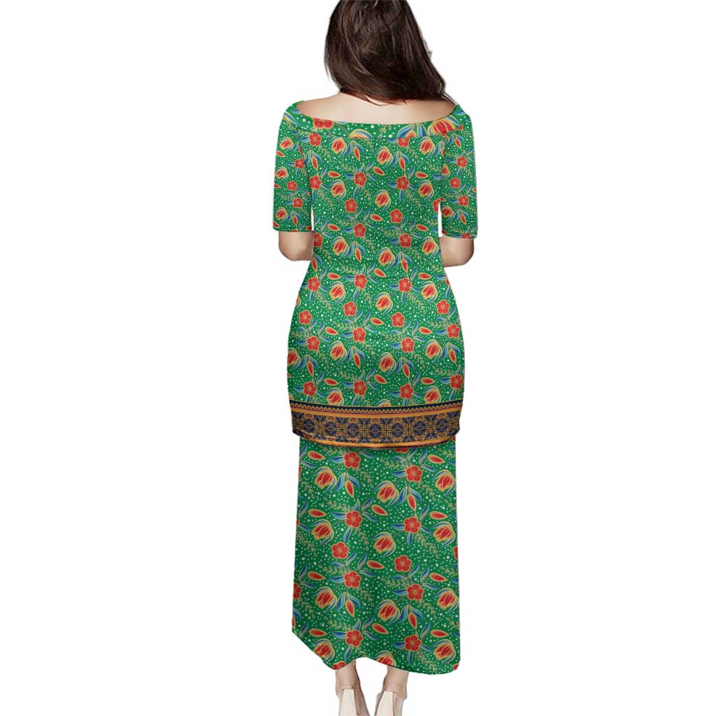 Traditional Malaysian Batik Floral Family Matching Puletasi and Hawaiian Shirt with Green Tulip and Red Blossom Pattern