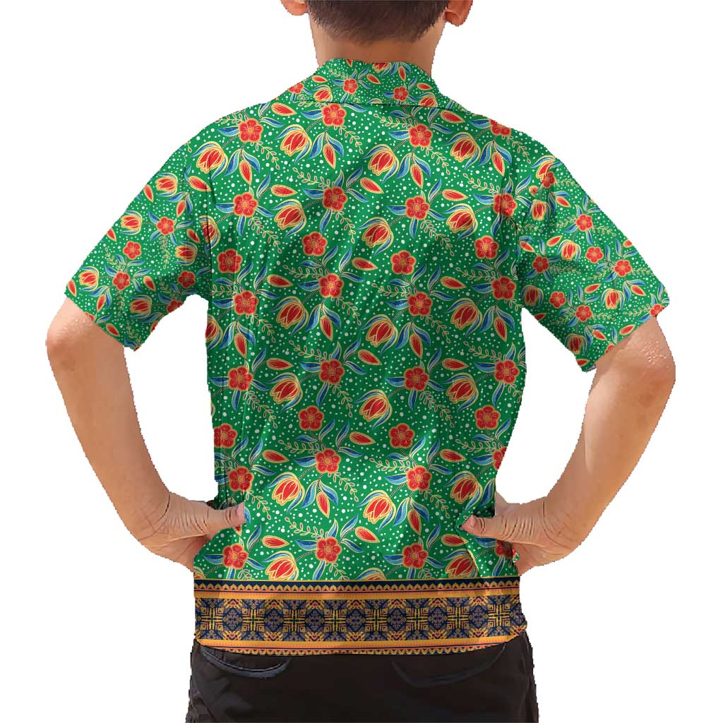 Traditional Malaysian Batik Floral Family Matching Short Sleeve Bodycon Dress and Hawaiian Shirt with Green Tulip and Red Blossom Pattern