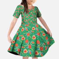 Traditional Malaysian Batik Floral Family Matching Short Sleeve Bodycon Dress and Hawaiian Shirt with Green Tulip and Red Blossom Pattern