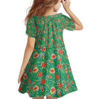 Traditional Malaysian Batik Floral Family Matching Short Sleeve Bodycon Dress and Hawaiian Shirt with Green Tulip and Red Blossom Pattern