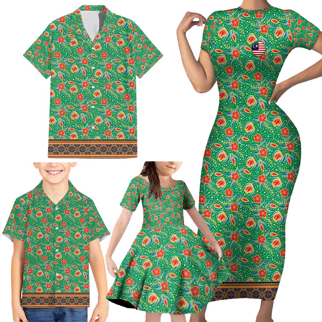 Traditional Malaysian Batik Floral Family Matching Short Sleeve Bodycon Dress and Hawaiian Shirt with Green Tulip and Red Blossom Pattern