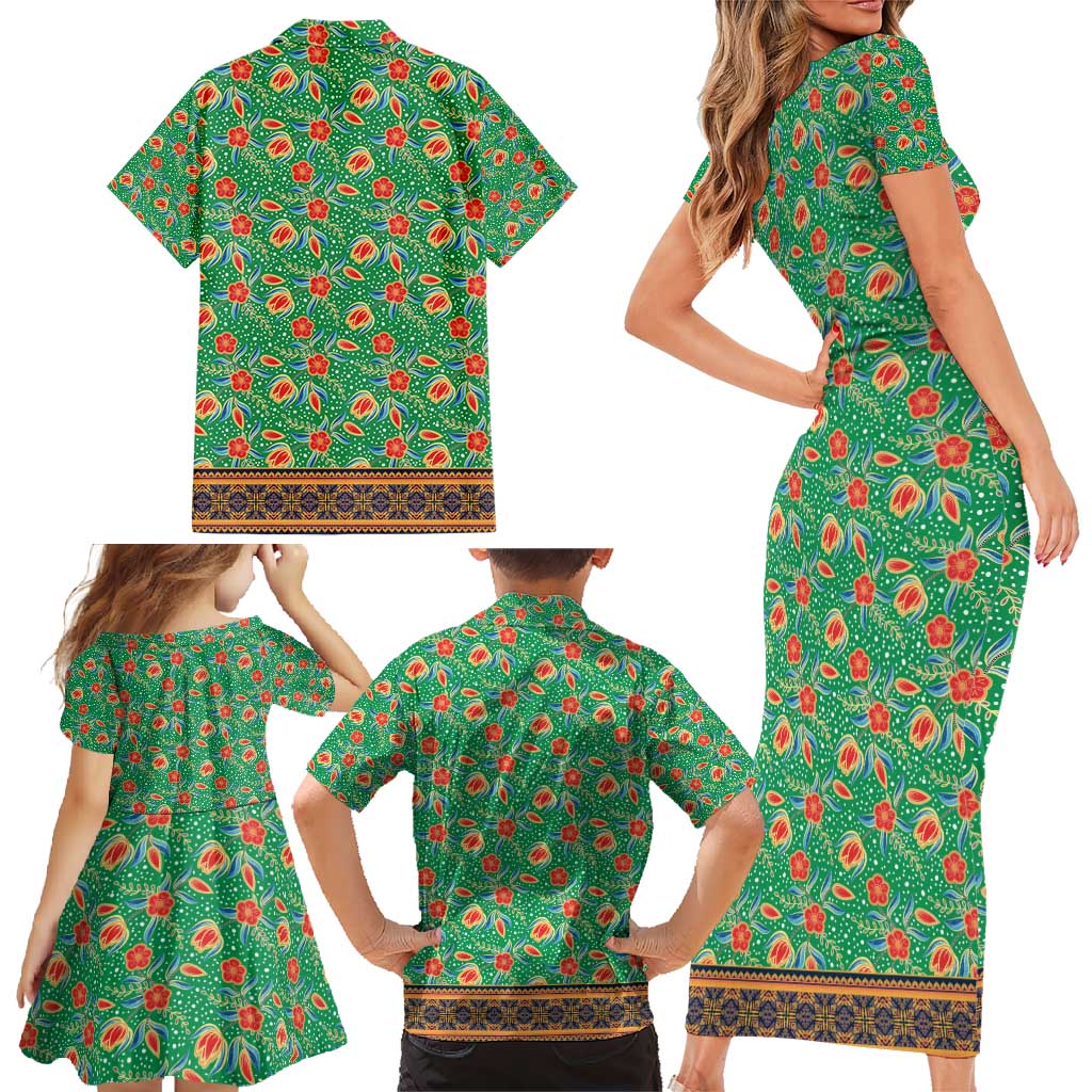 Traditional Malaysian Batik Floral Family Matching Short Sleeve Bodycon Dress and Hawaiian Shirt with Green Tulip and Red Blossom Pattern