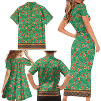 Traditional Malaysian Batik Floral Family Matching Short Sleeve Bodycon Dress and Hawaiian Shirt with Green Tulip and Red Blossom Pattern
