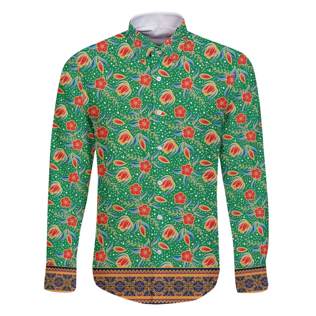 Traditional Malaysian Batik Floral Family Matching Short Sleeve Bodycon Dress and Hawaiian Shirt with Green Tulip and Red Blossom Pattern