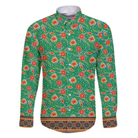 Traditional Malaysian Batik Floral Family Matching Short Sleeve Bodycon Dress and Hawaiian Shirt with Green Tulip and Red Blossom Pattern