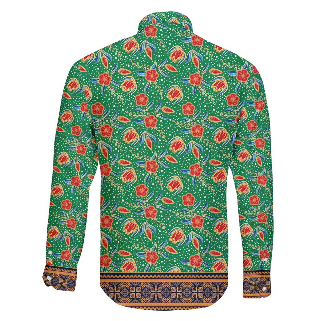 Traditional Malaysian Batik Floral Family Matching Short Sleeve Bodycon Dress and Hawaiian Shirt with Green Tulip and Red Blossom Pattern
