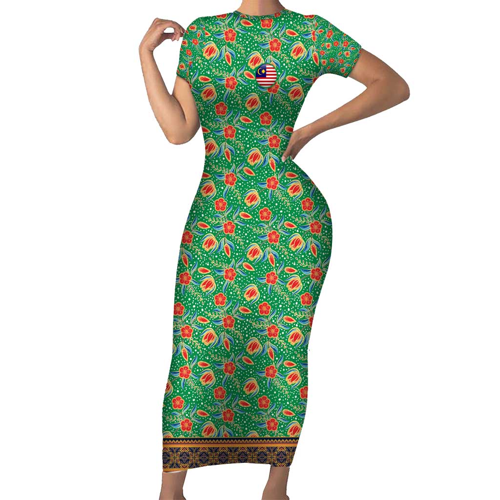 Traditional Malaysian Batik Floral Family Matching Short Sleeve Bodycon Dress and Hawaiian Shirt with Green Tulip and Red Blossom Pattern