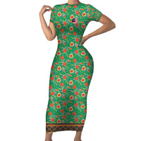 Traditional Malaysian Batik Floral Family Matching Short Sleeve Bodycon Dress and Hawaiian Shirt with Green Tulip and Red Blossom Pattern