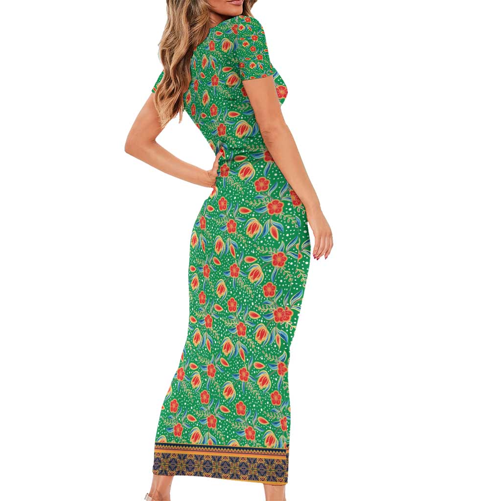 Traditional Malaysian Batik Floral Family Matching Short Sleeve Bodycon Dress and Hawaiian Shirt with Green Tulip and Red Blossom Pattern
