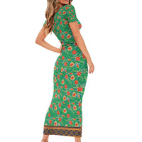 Traditional Malaysian Batik Floral Family Matching Short Sleeve Bodycon Dress and Hawaiian Shirt with Green Tulip and Red Blossom Pattern