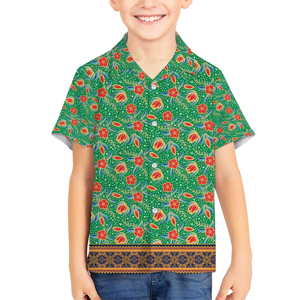 Traditional Malaysian Batik Floral Family Matching Short Sleeve Bodycon Dress and Hawaiian Shirt with Green Tulip and Red Blossom Pattern