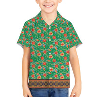 Traditional Malaysian Batik Floral Family Matching Short Sleeve Bodycon Dress and Hawaiian Shirt with Green Tulip and Red Blossom Pattern